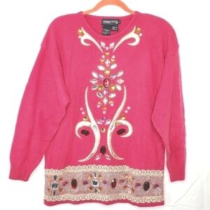 Vintage LambsWool Angora Sweater Size L Ornate Beaded Pink Spree International